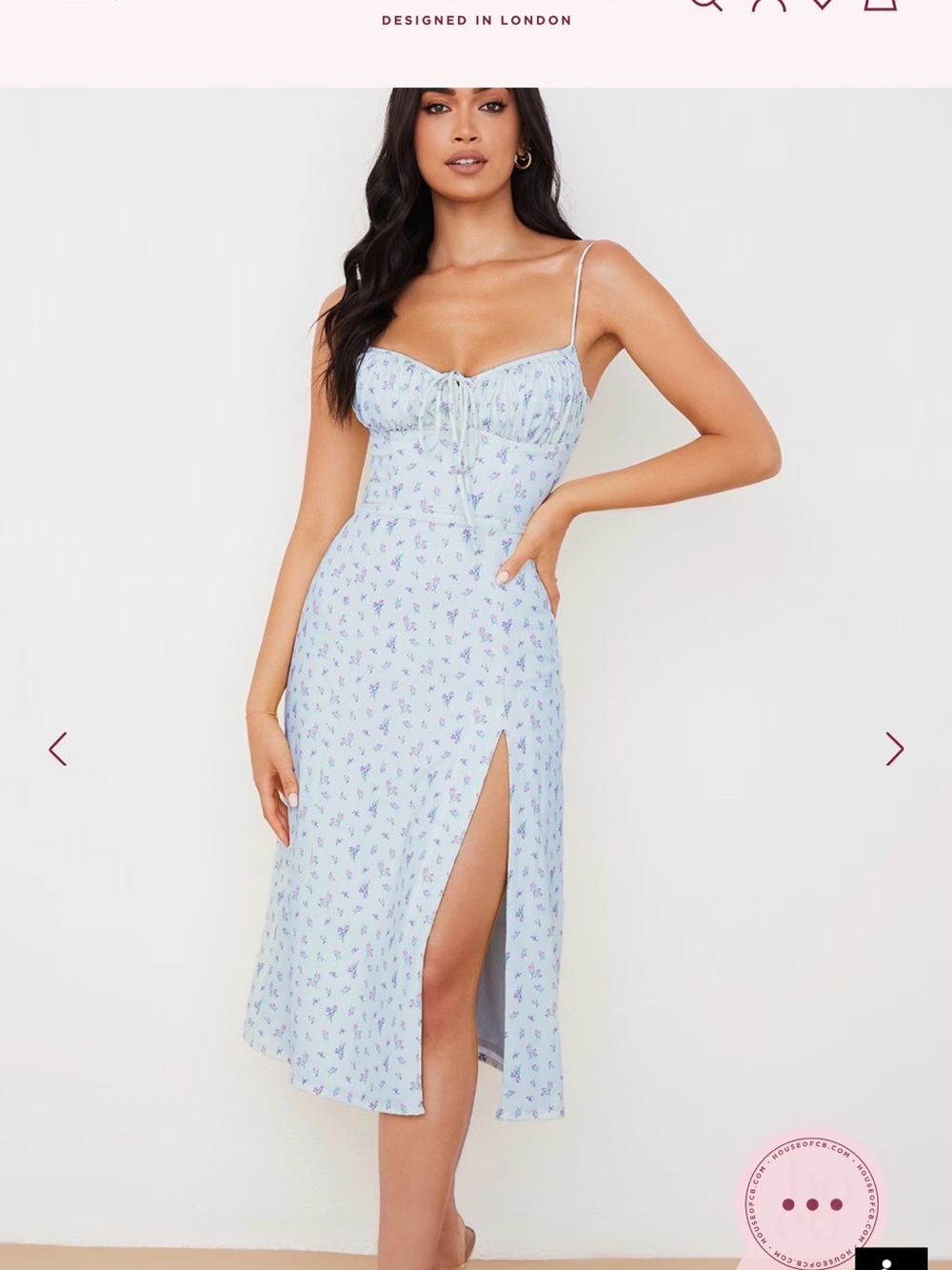 House of CB Light Blue Floral Slip Midi Dress with Side Slit